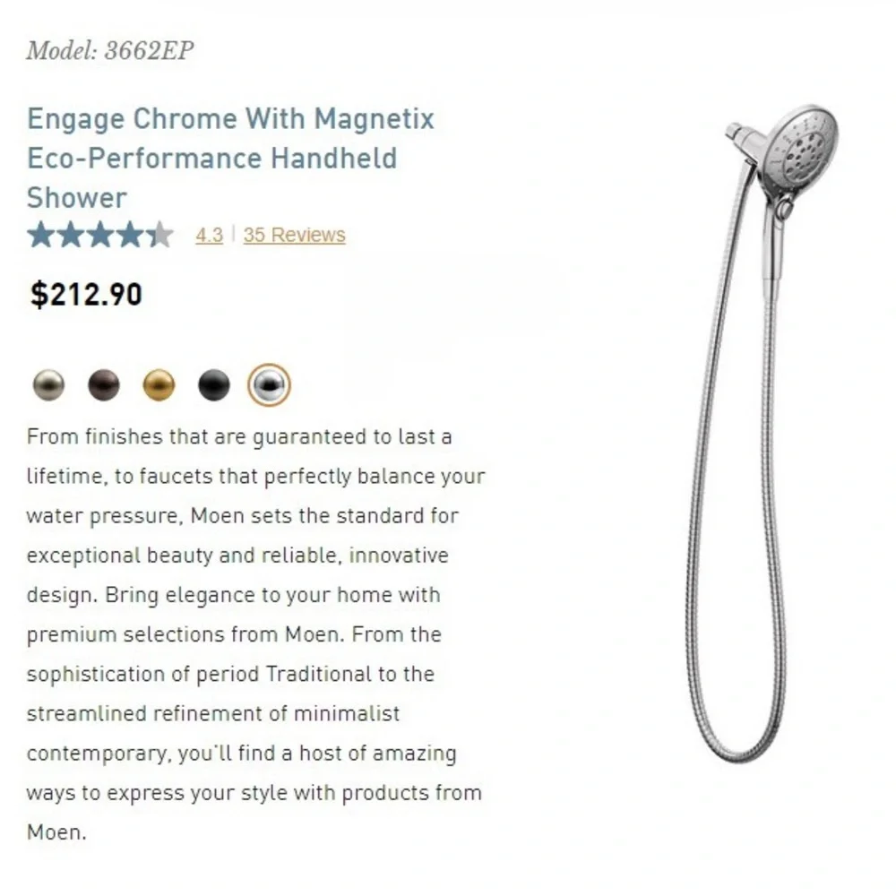 🚿  MOEN Engage Chrome With Magnetix Eco-Performance Handheld Shower